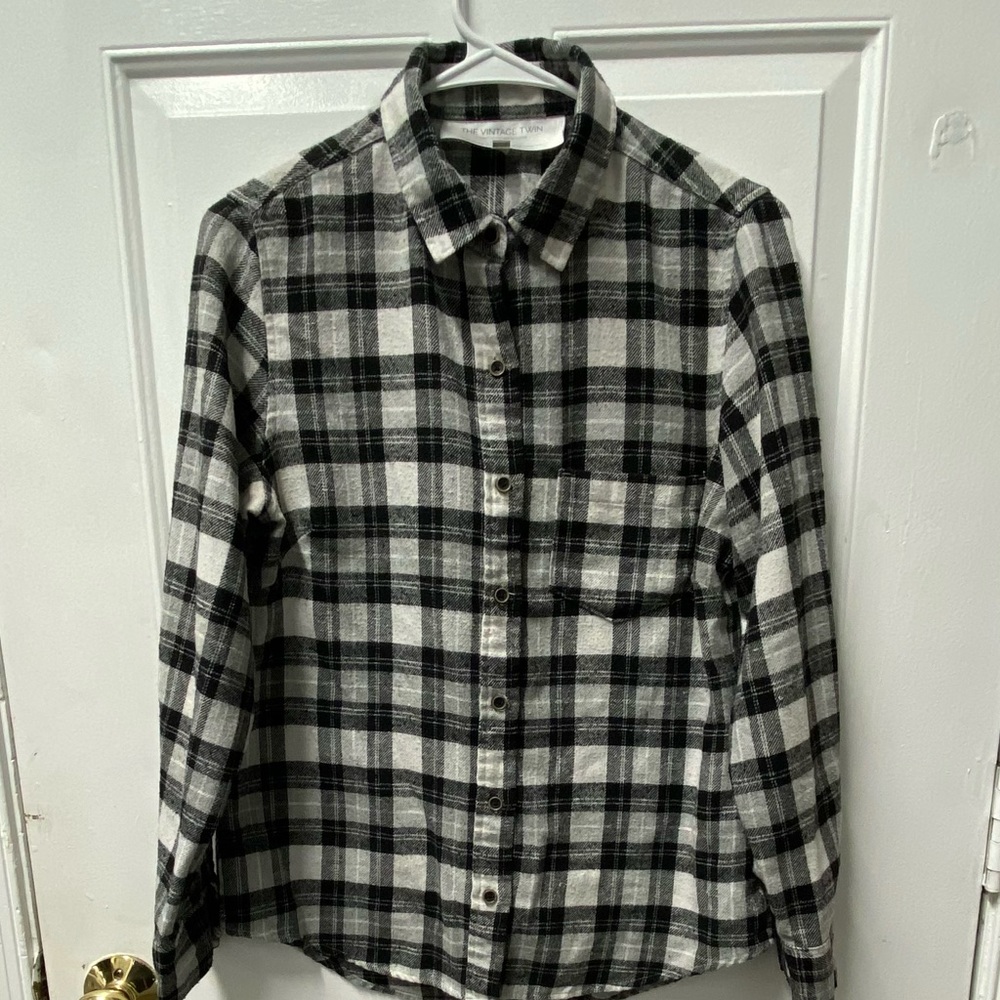 Flannel Shirt by The Vintage Twin Black and White with Emoji on back Medium